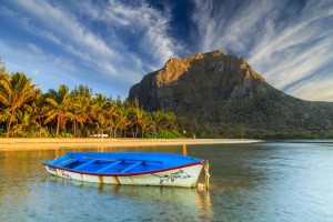 Fishing boat near the shore of the tropical island. Mauritius.